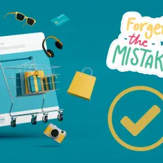 Wózek sklepowy z prezentami, walizka, aparat, okulary, słuchawki, karta kredytowa i tekst "Forget the MISTAKE".